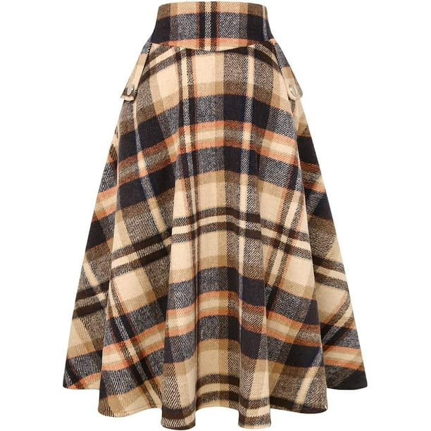 Falda larga de otoño e invierno a cuadros de cintura alta para mujer Caqui 2XL Caqui 2XL Xishao ropa