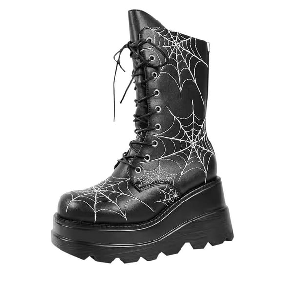 Black Ladies Gothic Style Boots With Round Toe And Sloping Heel Thick Soled Web Design For Winter Casual Wear Versatile And Fashionable
