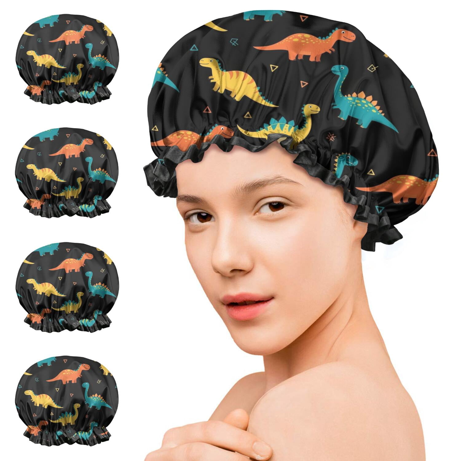 Shower Caps,Black Colorful Dinosaurs Pattern Waterproof Shower Cap for Women 4 Pieces,Double Reusable Hair Cover for Shower PEVA Elastic Stretch Hem