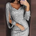 thumbnail image 5 of Huowey Women'S Sequin Mini Dresses Slim Fit V-Neck Fringed Long Sleeve Glitter Shiny Sparkling Cold Shoulder Bodycon Dress Party Club A Line Skater Dresses,Silver,XXXL, 5 of 9