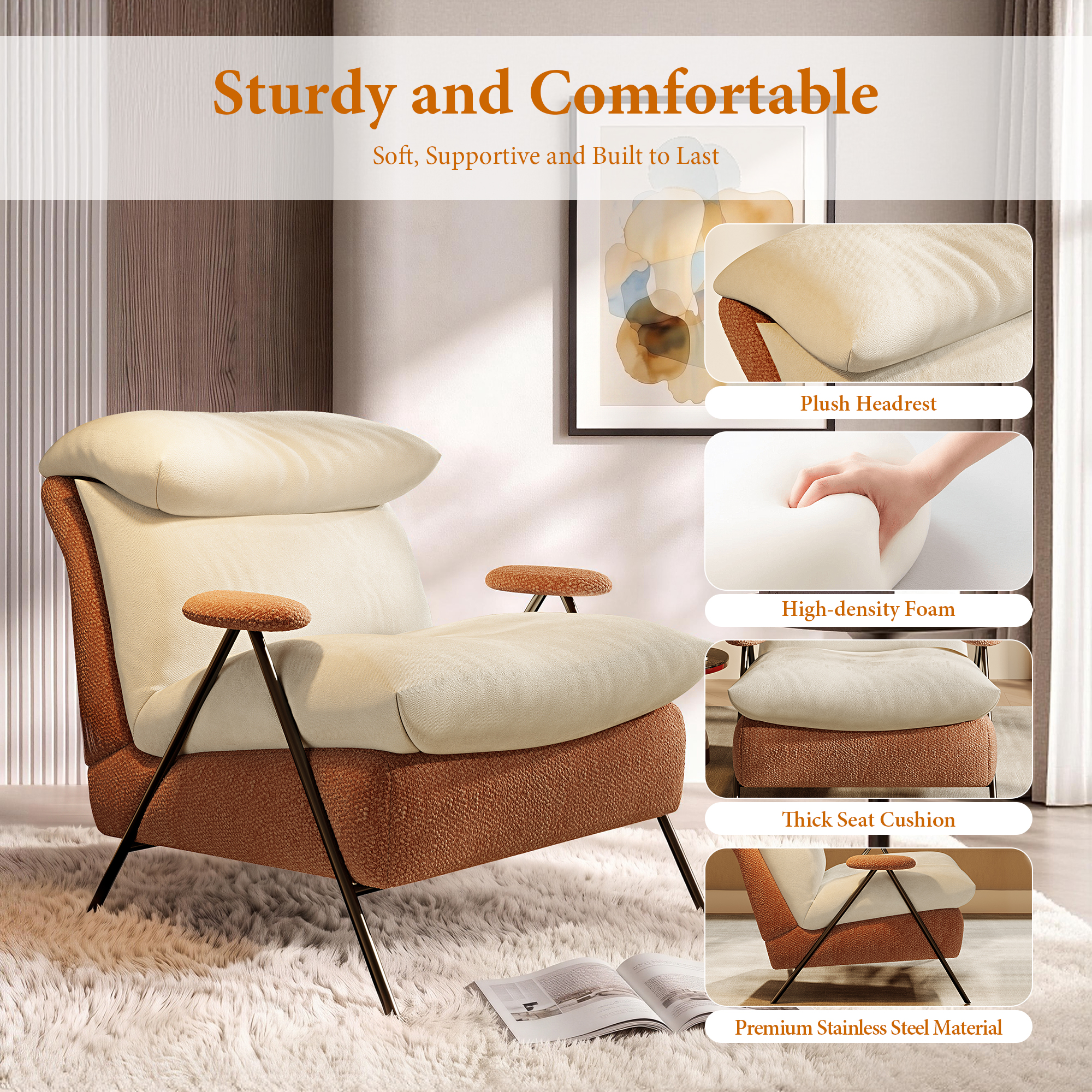 Aukfa Accent Chair, Modern Fabric Armchair with Thick Padded Seat and Back for Living Room & Bedroom, Beige