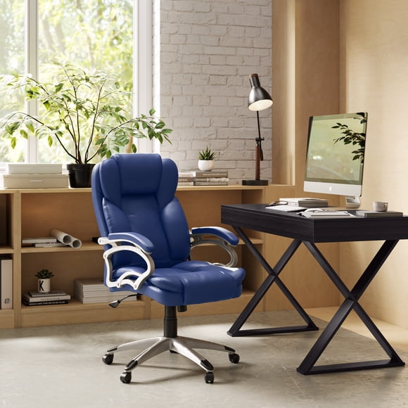 CorLiving Leon Faux Leather Upholstered Adjustable Height Tilting Adult Executive Office Chair with Lumbar Support, Blue