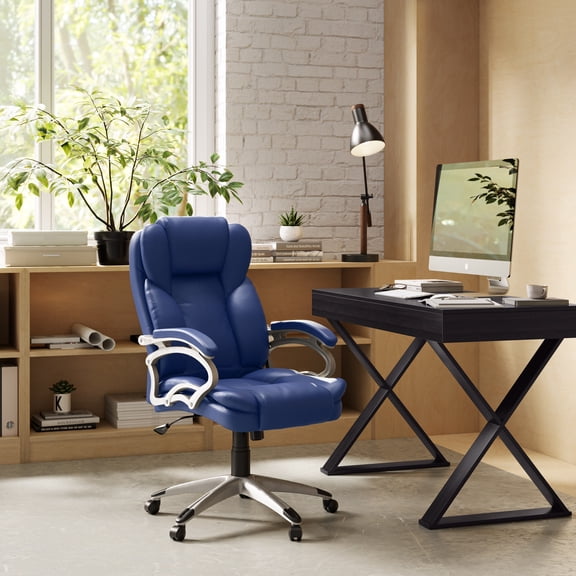 Fauteuil de bureau CorLiving Leon en similicuir, inclinable et réglable en hauteur, avec support lombaire, bleu
