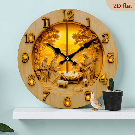 A 10-inch wall-mounted clock, featuring the theme of the birth of Jesus, with warm yellow lighting, exuding a strong sense of religious ceremony.