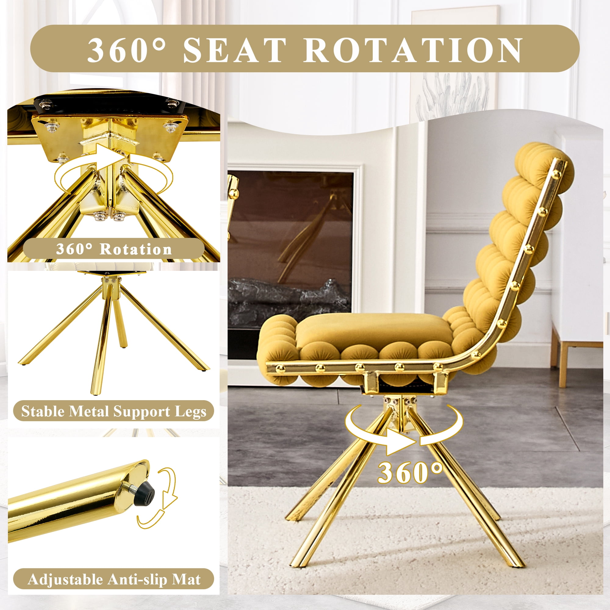 Aukfa Velvet Swivel Dining Chairs Set of 2, Modern Bubble Tufted Kitchen Side Chairs, Gold Metal Legs,Yellow