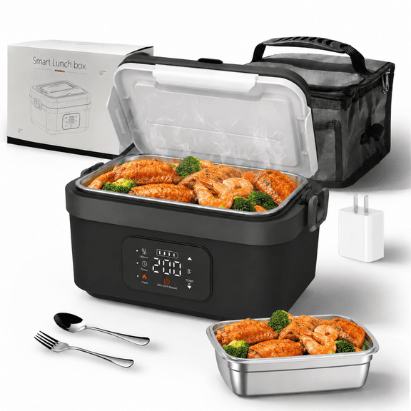 INSMART Cordless Electric Lunch Box,Heated Lunch Box for Adults with Scheduled Heating,Stainless Steel Food Warmer with 1L Container Fork and Spoon for Office,Picnic,Car
