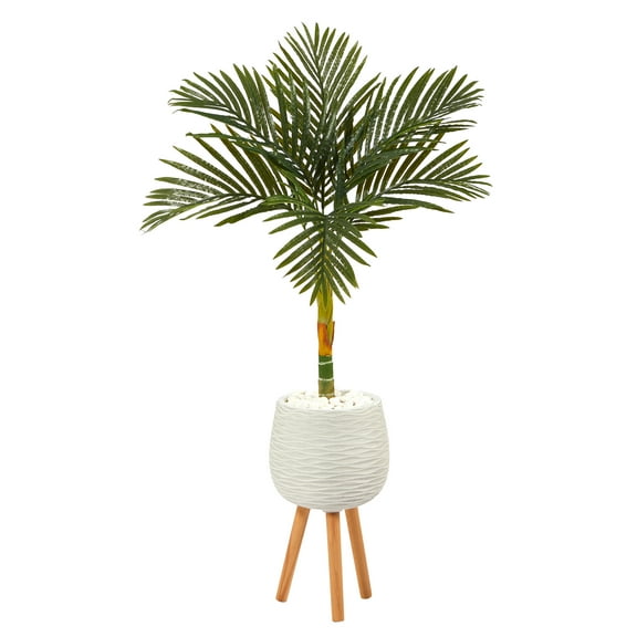 Nearly Natural 4.5' Golden Cane Artificial Palm Tree in White Planter with Stand