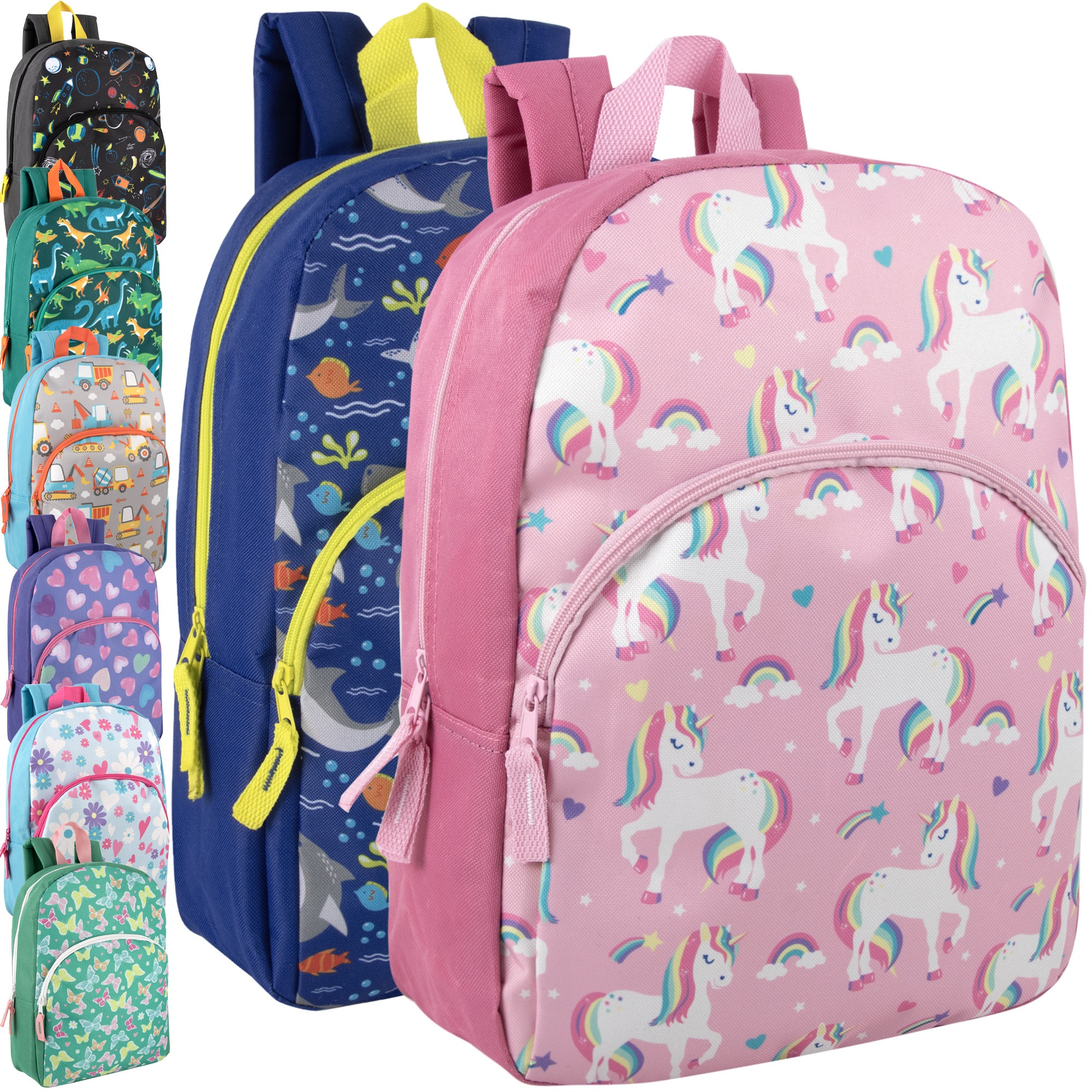 24 Pack of Bulk Wholesale 15 Inch Fun Printed Backpacks for Commute and Travel in Unisex Fantastic Creature Prints
