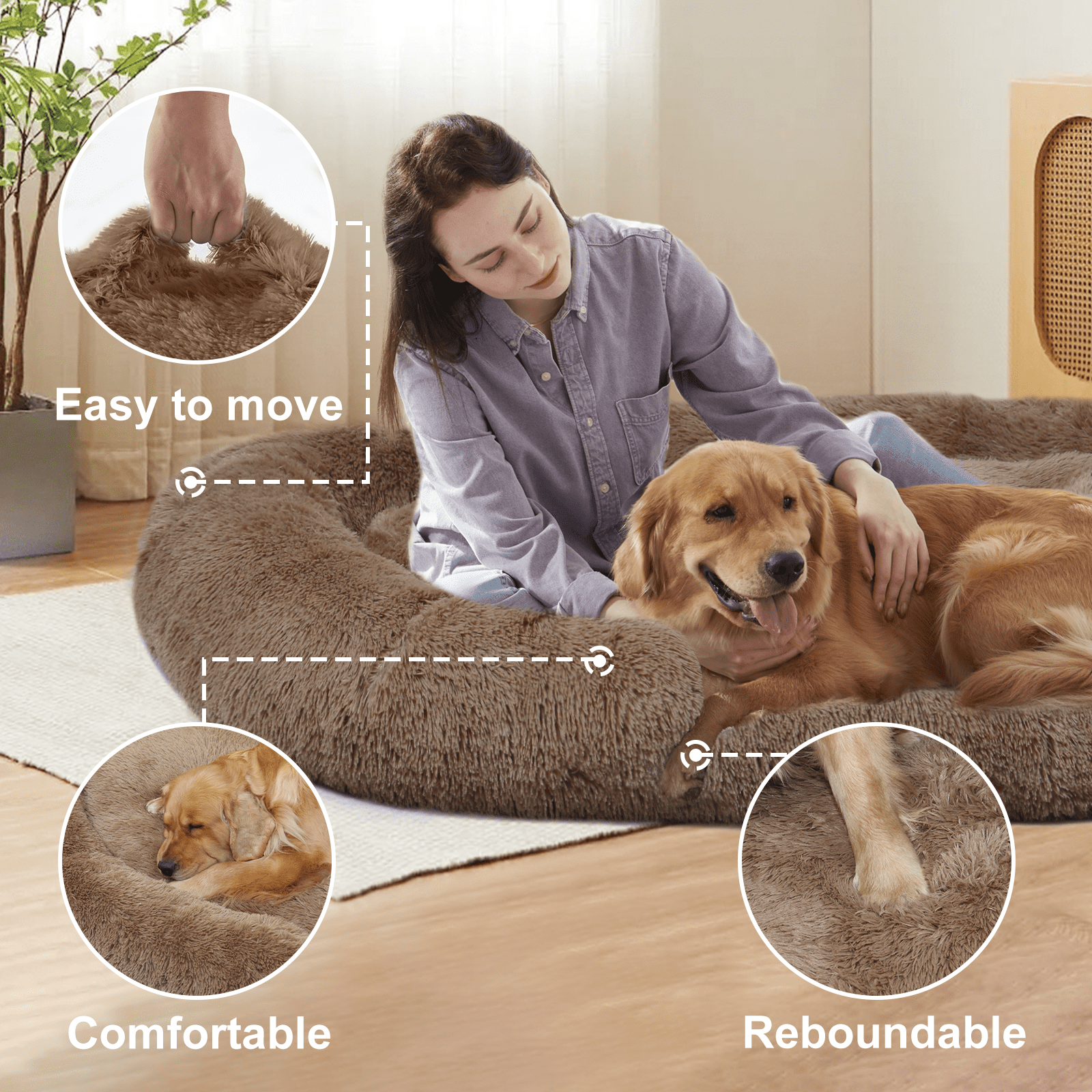 Extra Large 67" X 43" X 8" Orthopedic Pet Bed For Humans And Dogs, Plush High-Loft Mattress With Removable Handles & Non-Slip Bottom - Brown