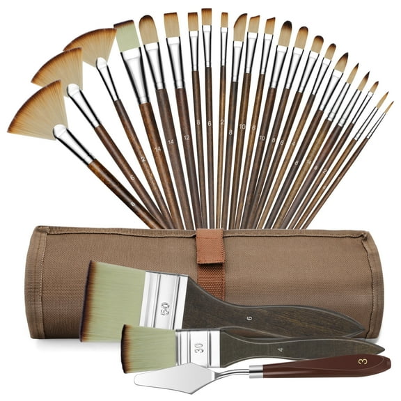 EEEkit 24pcs Acrylic Paint Brush Set, Paint Brushes with Palette Knife for Oil Watercolor, Detailing, Rock Painting