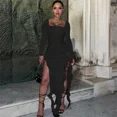 thumbnail image 5 of Vestido largo de fiesta con volantes y abertura alta sexy para mujer, vestido de noche largo elegante con cuello cuadrado y manga larga sin espalda para discoteca, 5 of 5