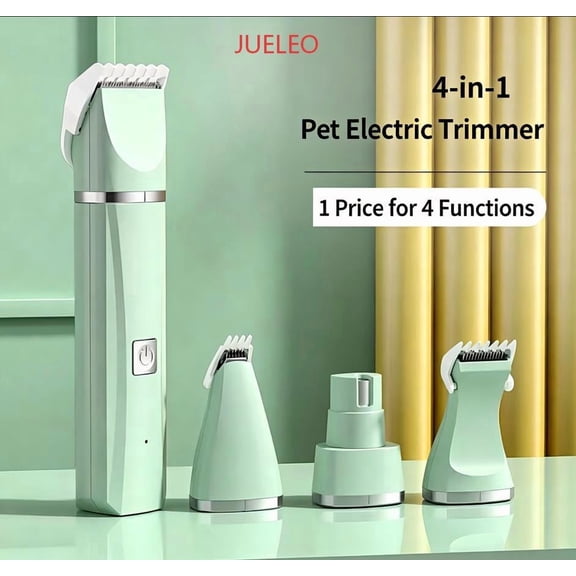JUELEO 4-in-1 Pet Grooming Clippers, Rechargeable Low Noise Dog Cat Hair Trimmer with 4 Interchangeable Blades, Cordless Pet Shaver for Small Medium Dogs & Cats