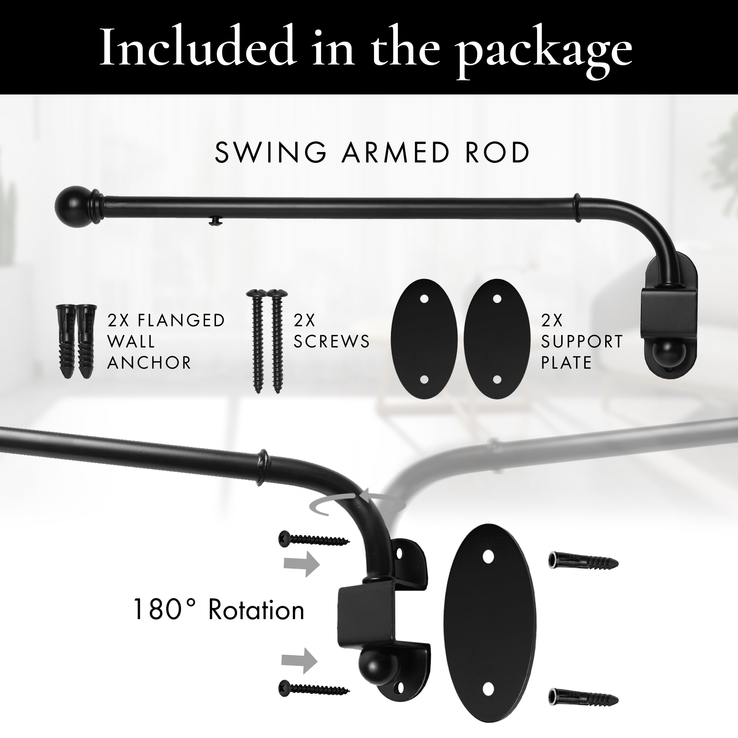 MERIVILLE 14"-24" Swing Arm Curtain Rod, 1/2" Diameter, Black, 2 Pieces