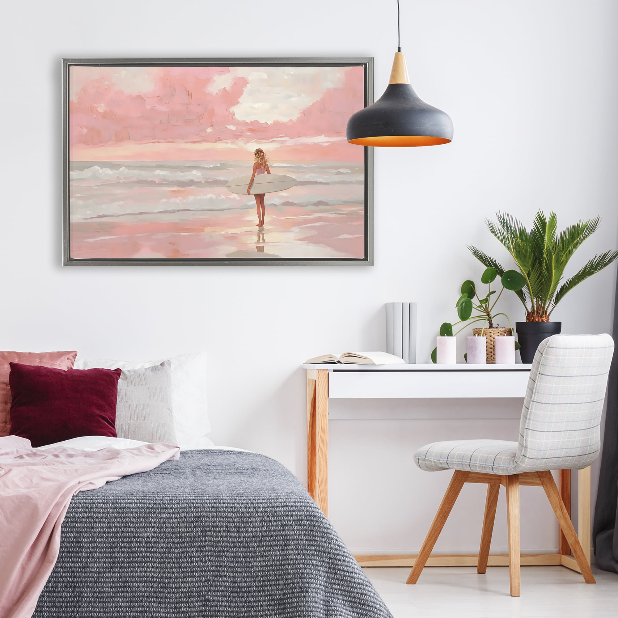 Pink Sky Surfer Gray Framed Floater Canvas Wall Art, design by LSR Design Studio