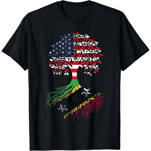 St Kitts Roots American Grown Tree Saint Kitts Flag Art Gift T-ShirtMen's and women's gift, black and white T-shirt, size: Extra large S-4XL