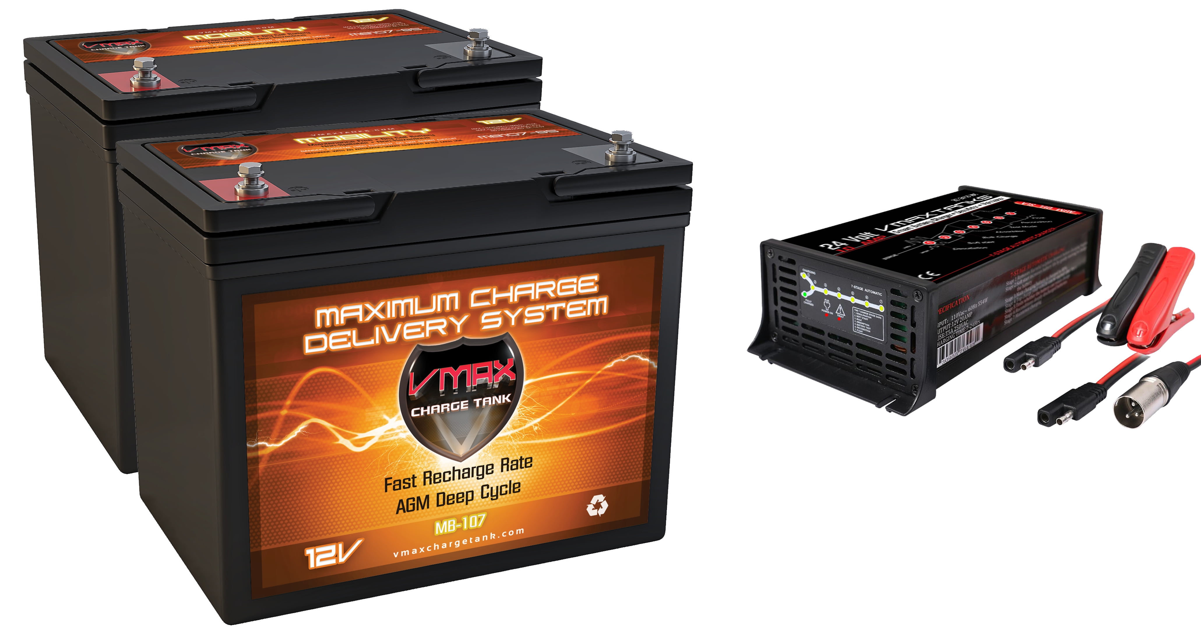 2 VMAX MB10785 12V 85ah Group 24 AGM Batteries + BC2410XMA Smart