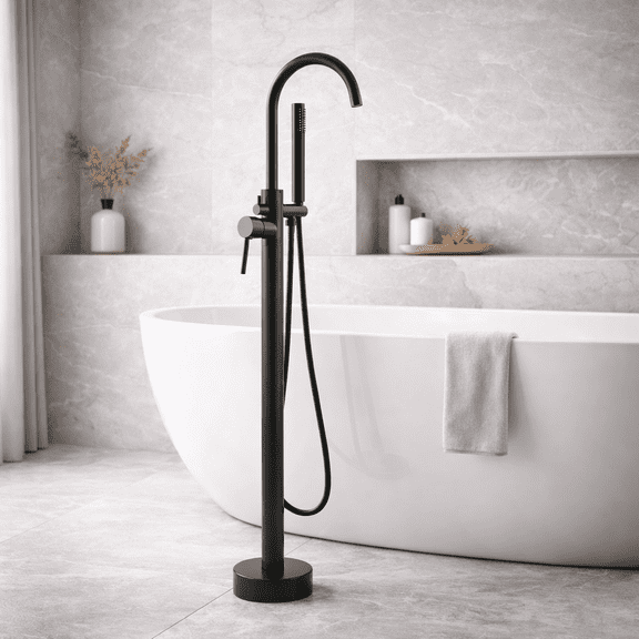ROOMISLAND Floor Mount Bathtub Faucet Freestanding Tub Filler Standing High Flow Shower Faucets Shower Mixer Taps, with Handheld Shower, Matte Black