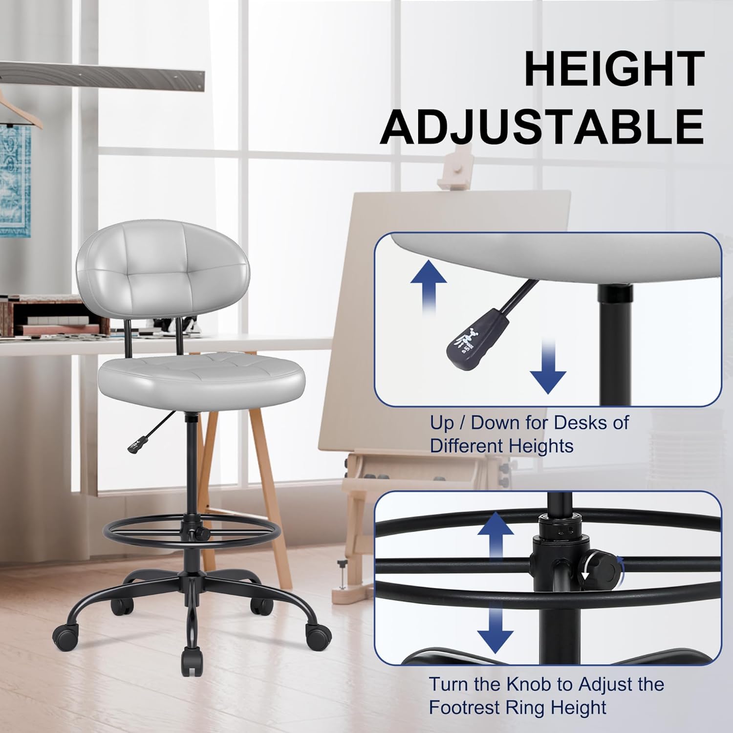Drafting Chair, Armless Tall Office Chair with Footrest Ring for Standing Desk, Small Faux Leather Executive Computer Chair with Adjustable Height for Bar Lab Counter Height Desk, Gray