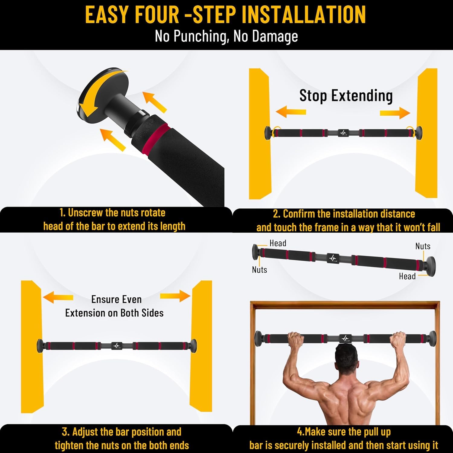 PulseBar Adjustable Doorway Pull-Up Bar for Home Workout, 100kg Max Load, Anti-Skid Grip Chin-Up Bar, Strength Training Exercise Bar, Black
