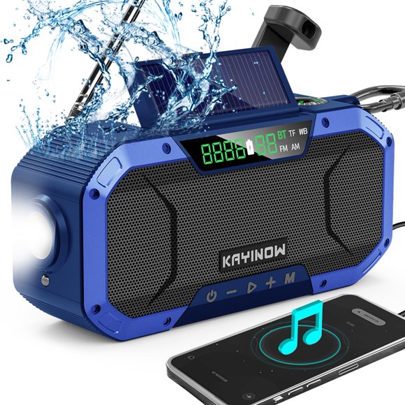 Portable Emergency Weather Radio with Waterproof Bluetooth Speaker, AM/FM/NOAA Hand Crank Solar Rechargeable Radio with Flashlight, Reading Light, 500