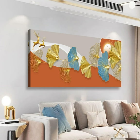 Aaheei Abstract Wall Art Bedroom Wall Decor Living Room Golden Canvas Wall Art Office Farmhouse Paintings Artwork Modern Ginkgo Biloba Leaf Wall Art Prints Pictures