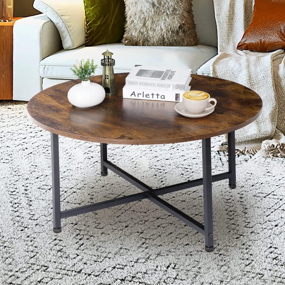 Round Coffee Table, Industrial Style Cocktail Desk Modern Leisure Tea Table, Kitchen Dining Table for Living Room, Dining Room, Tea, Home Office Balcony with Durable Metal Frame