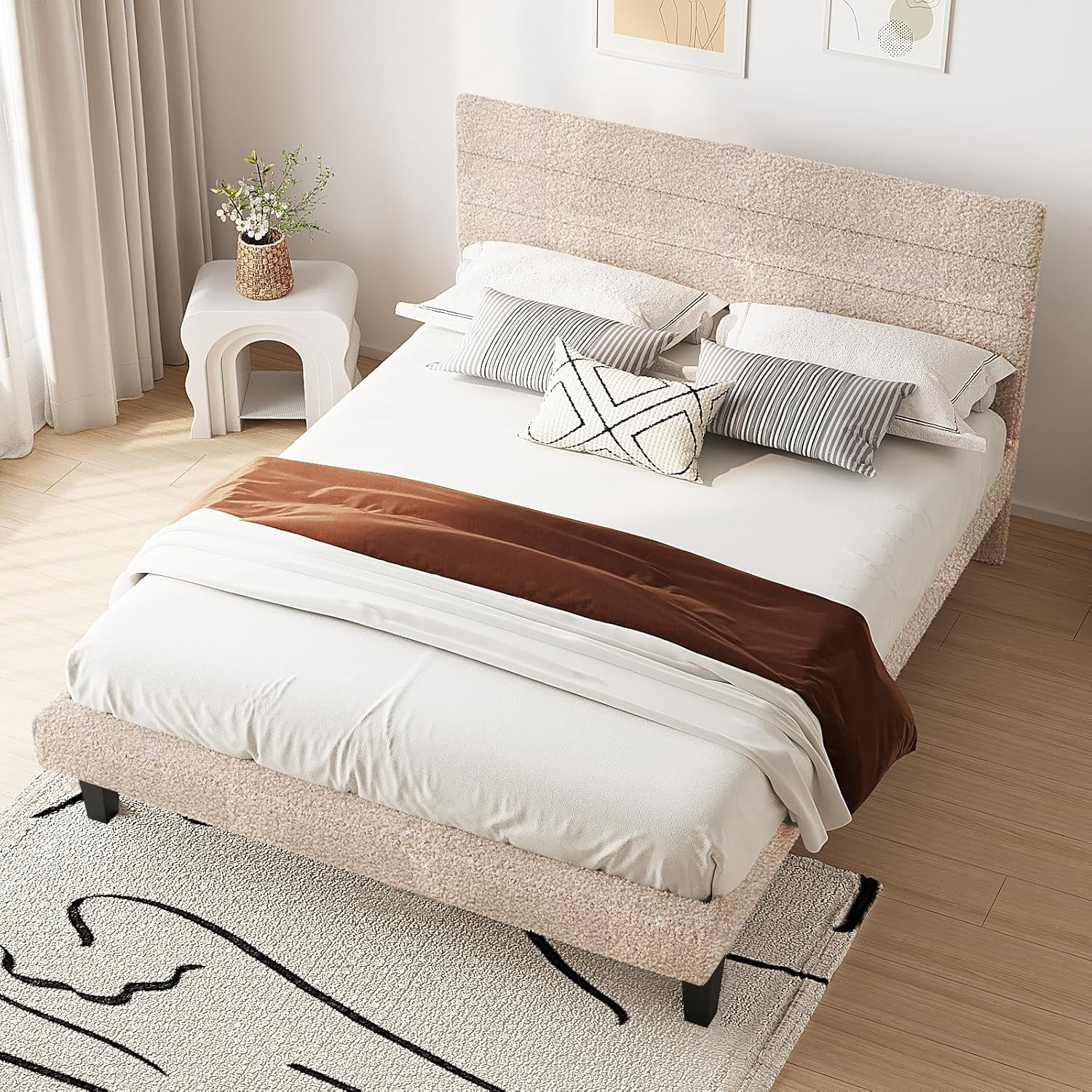 UBesGoo Bed Frame Queen Size Upholstered Platform Bed Frame with Headboard,  Mattress Foundation with Wood Support, Beige