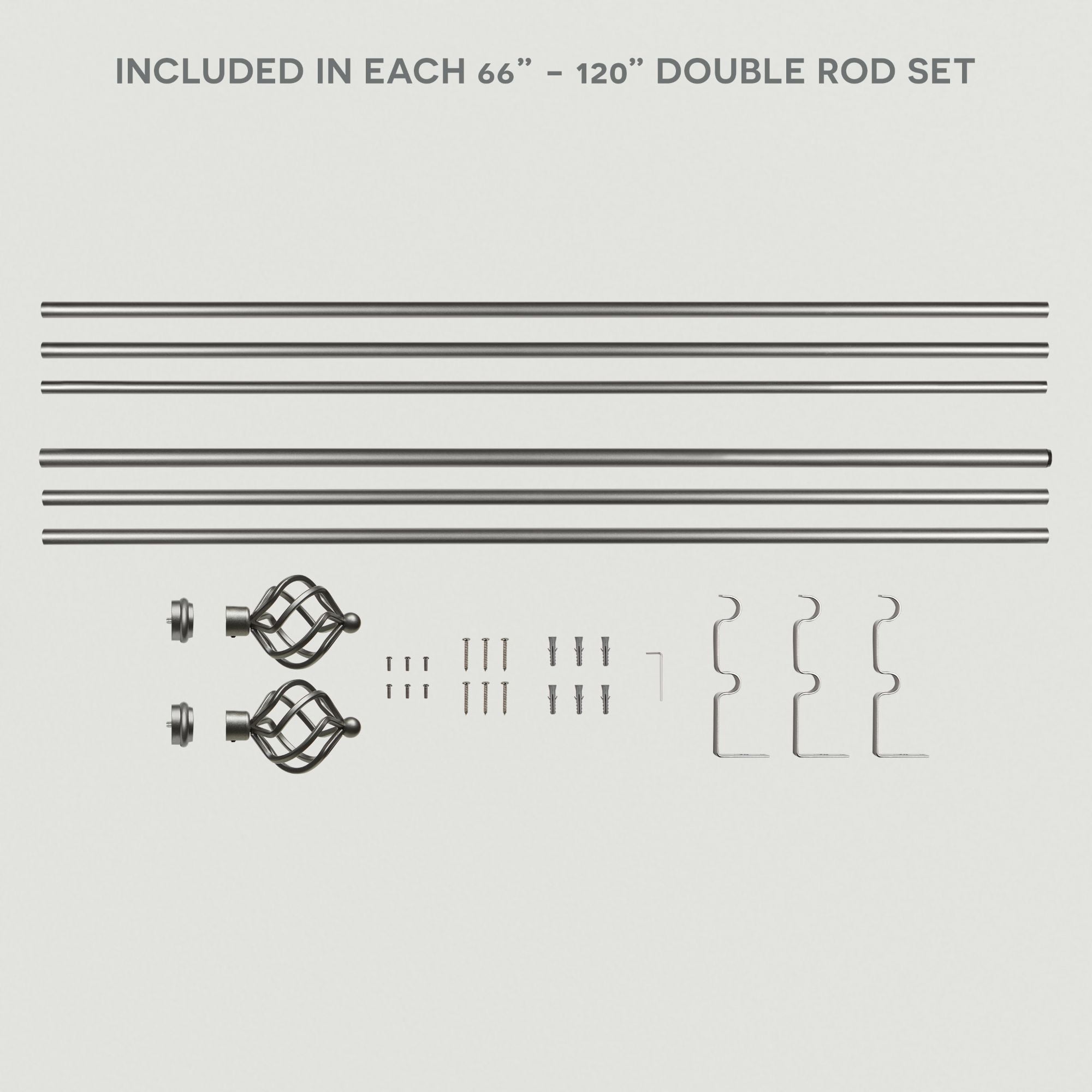 Exclusive Home Torch Double Curtain Rod and Finial Set, Gunmetal, 66"-120"