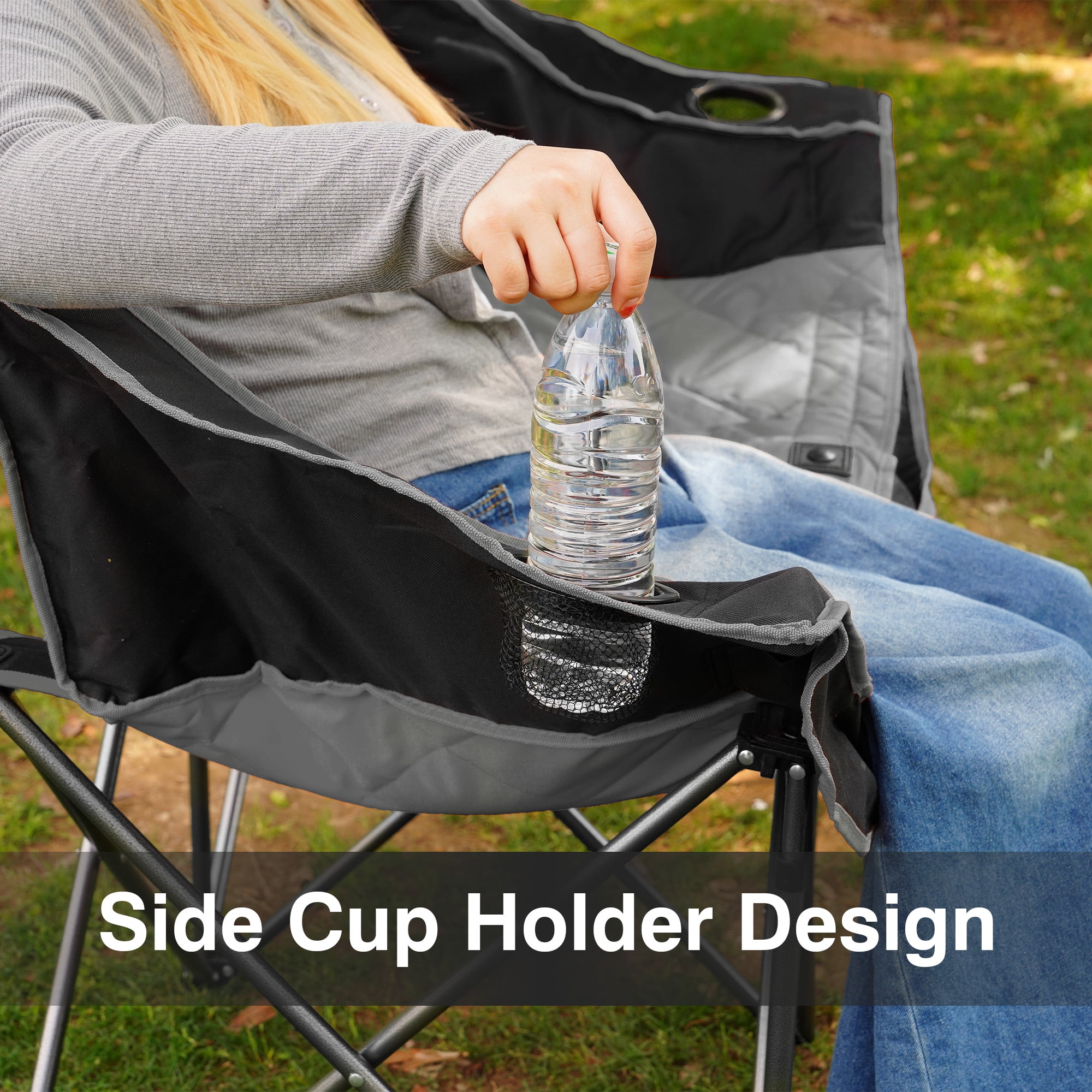 FlexWave Oversized Double Camping Chair，2-Person Heavy-Duty Folding Loveseat，Portable Outdoor Chair，with Armrests, Cup Holders & Carry Bag, for Camping, Picnic, Backyard