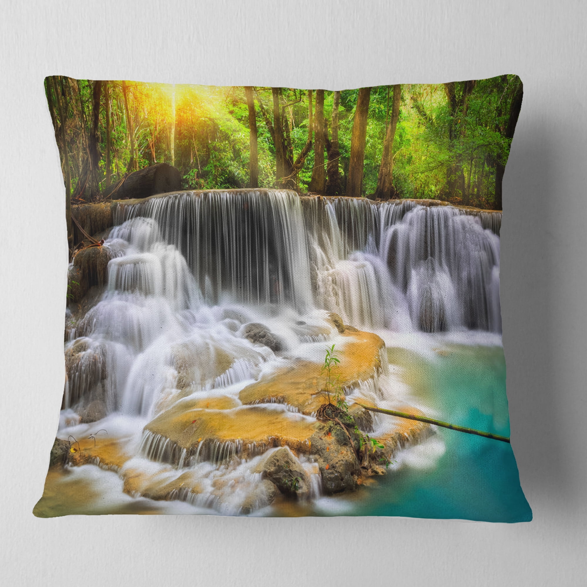 Designart Kanchanaburi Province Waterfall - Photography Throw Pillow - 16x16