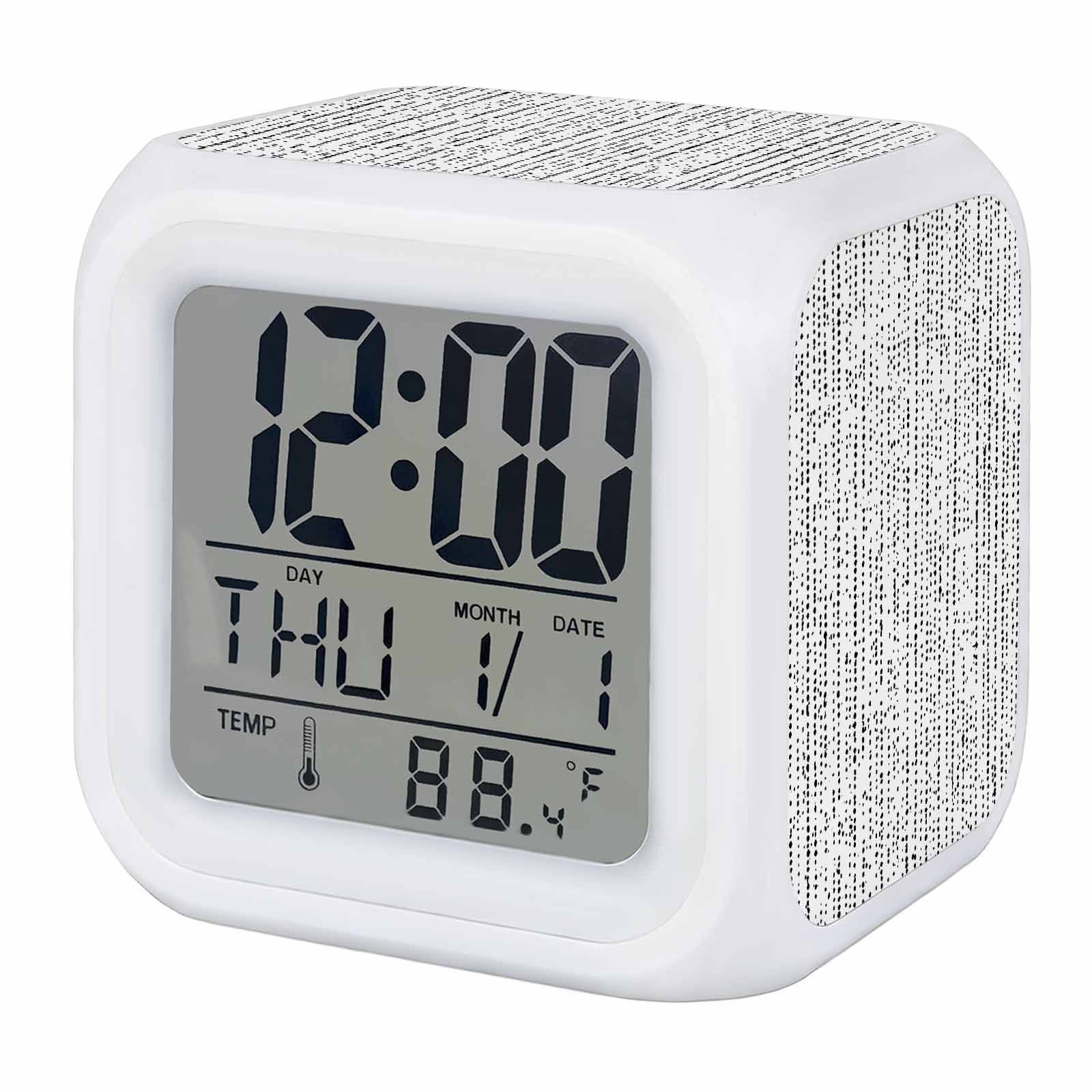 Vertical Lines Alarm Clock, Abstract Minimalist Black White Distressed Grain Digital Clock Night Light with 7 Color, Calendar Temperature Display, LED Desk Small Clock for Bedrooms Living Room
