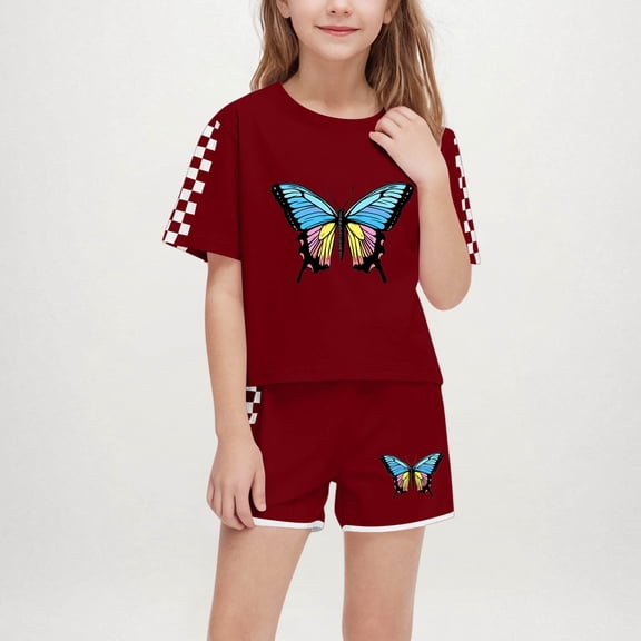 ATOGUTA Little Girls Outfits T-Shirt Tops and Short Pants 2PCS Girls Summer Outfits Wine, Size 5-14 Years