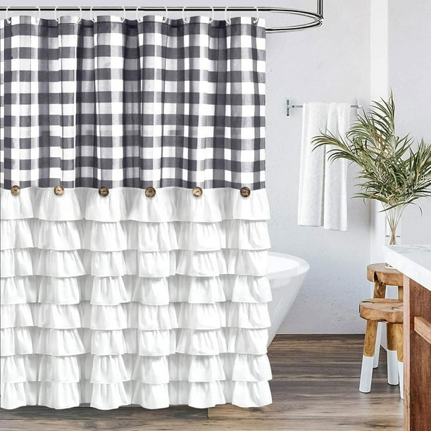 Farmhouse Shower Curtain Black and White Buffalo Plaid Pattern Fabric