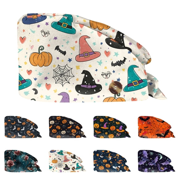 Kamentoy Women Halloween Witch Hat Halloween Print Ponytail Scrub Cap Soft Elastic Breathable Adjustable Work Hat For Fall Holiday Party Headwear For Women