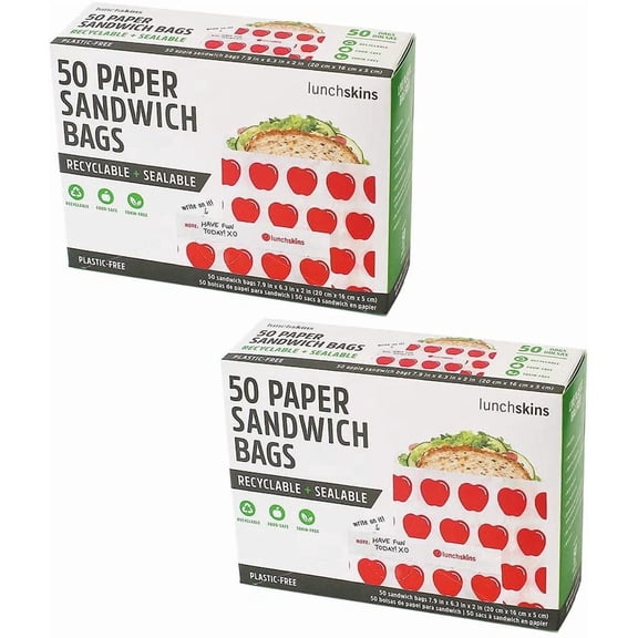 Lunchskins Recyclable Sealable Paper Sandwich Bags, w/Closure Strip, 100-Count, Apple, 2-Pack