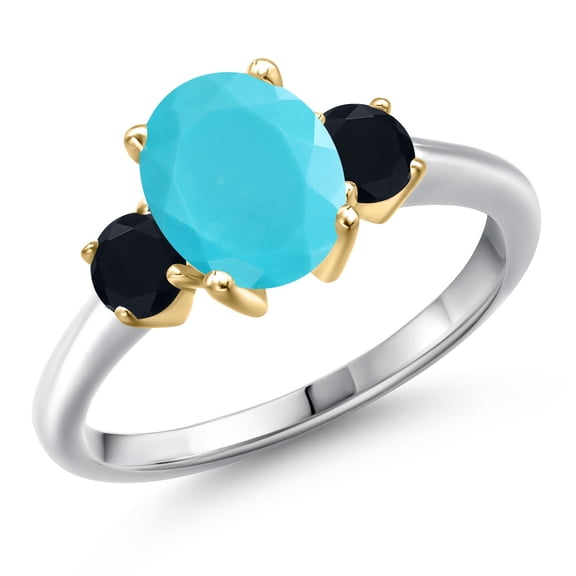 Gem Stone King 10K Two Tone Gold Green Turquoise and Black Onyx Engagement Ring for Women | 1.94 Cttw | Oval 9X7MM | Gemstone Birthstone | Size 6