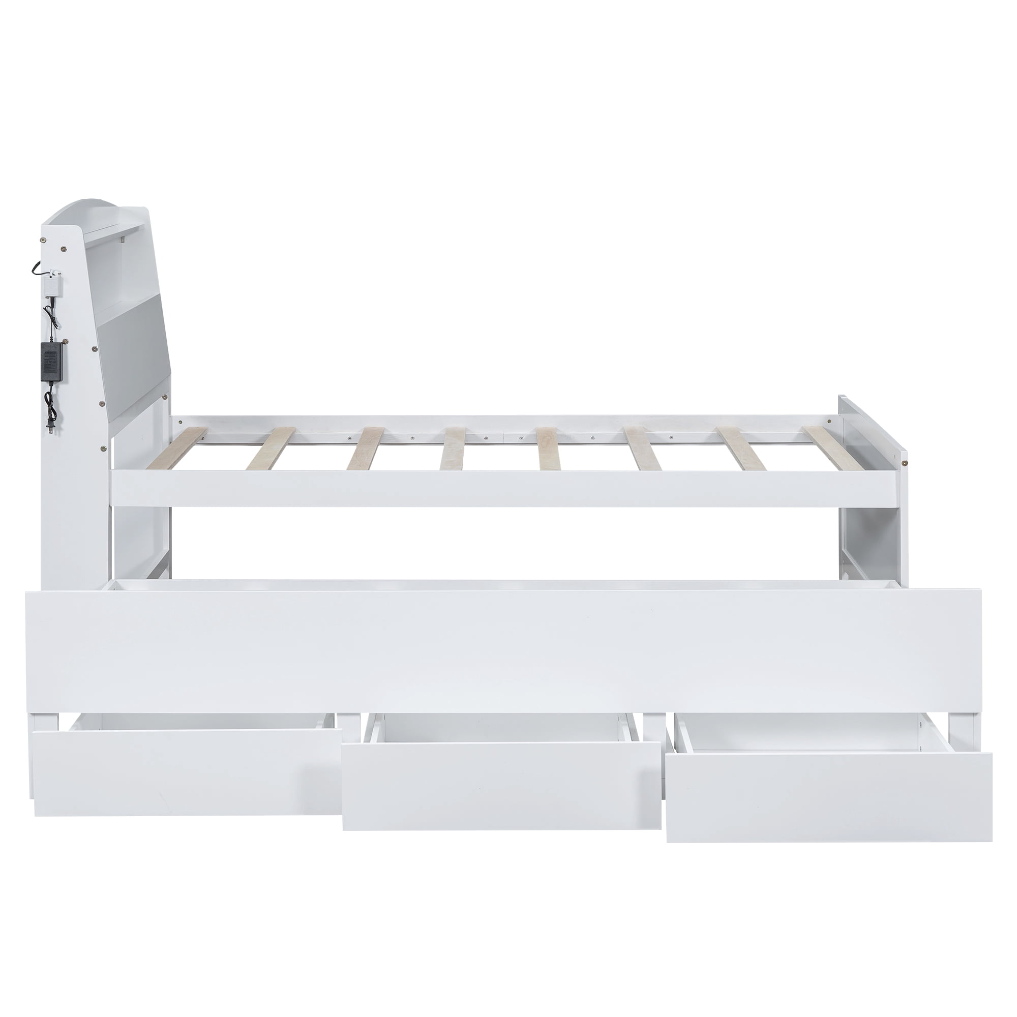 Euroco Wood Twin Size Platform Bed with Storage Headboard, Drawers Trundle and LED Light, White