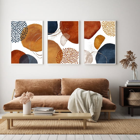 UNFFRAMED Abstract Wall Art Posters Boho Navy, Burnt Orange, Terracotta Set Set 3 Prints 8x12