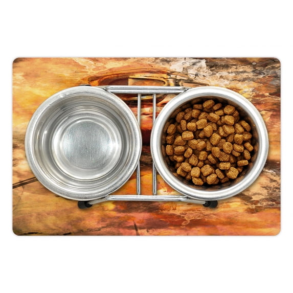 Vintage Airplane Pet Mat for Food and Water, Abstract Portrait Male Pilot with Fighter Plane Pastel Color Dramatic Sky, Non-Slip Rubber Mat for Dogs and Cats, 18" X 12", by Ambesonne