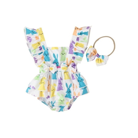 

Amuver Baby Girls Easter Romper Set Rabbit Print Sleeveless Bowknot Patchwork Romper with Hairband