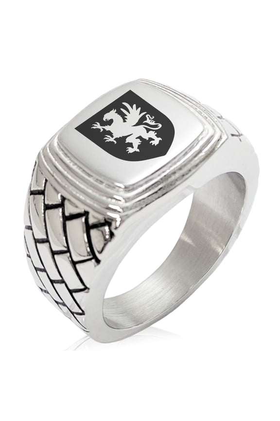 Stainless Steel Griffin Valor Coat of Arms Shield Geometric Pattern Step-Down Biker Style Polished Ring