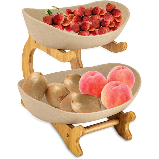 Frutero de 2 capas, cesta de cerámica para frutas independiente, cuencos para servir frutas, bocadillos y verduras con marco de madera de bambú para encimera de cocina, restaurante, hotel (caqui)