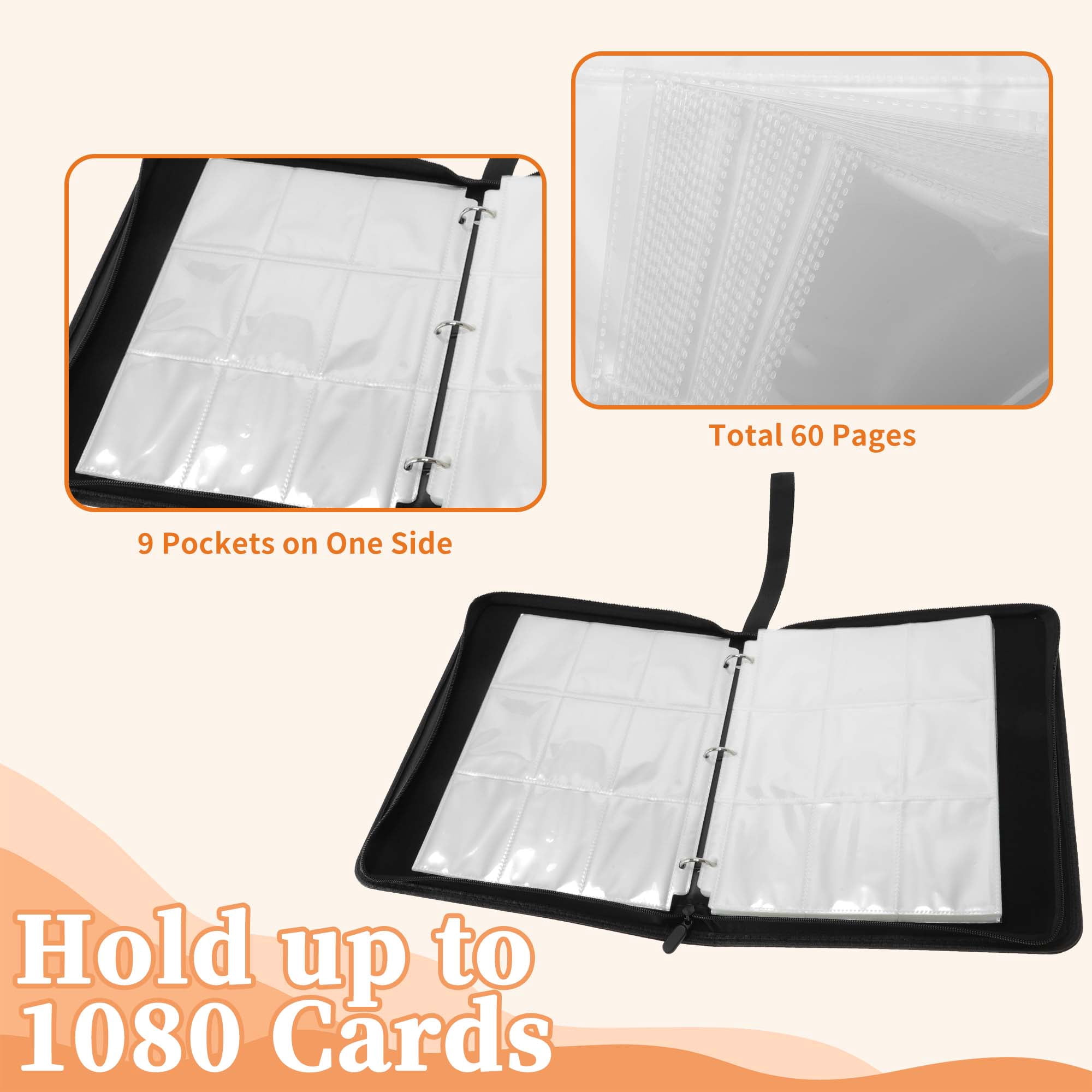 Unique Bargains Card Binder with 9 Pockets and 60 Pages for 1080 Cards Black Zip Album