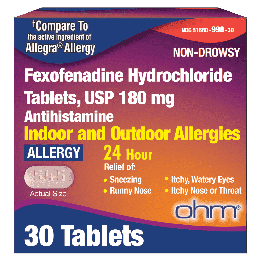 Ohm Non-Drowsy Fexofenadine Antihistamine Indoor Outdoor Allergy Relief Tablets 30 Ct, Allergy Medicine, 24-Hour Relief from Hay Fever and Runny Nose