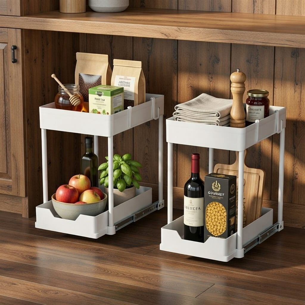 2-Tier Pull-Out Cabinet Organizer Sliding Storage Shelf - Under Sink or Kitchen Cabinet Organizer with Baskets and Hooks