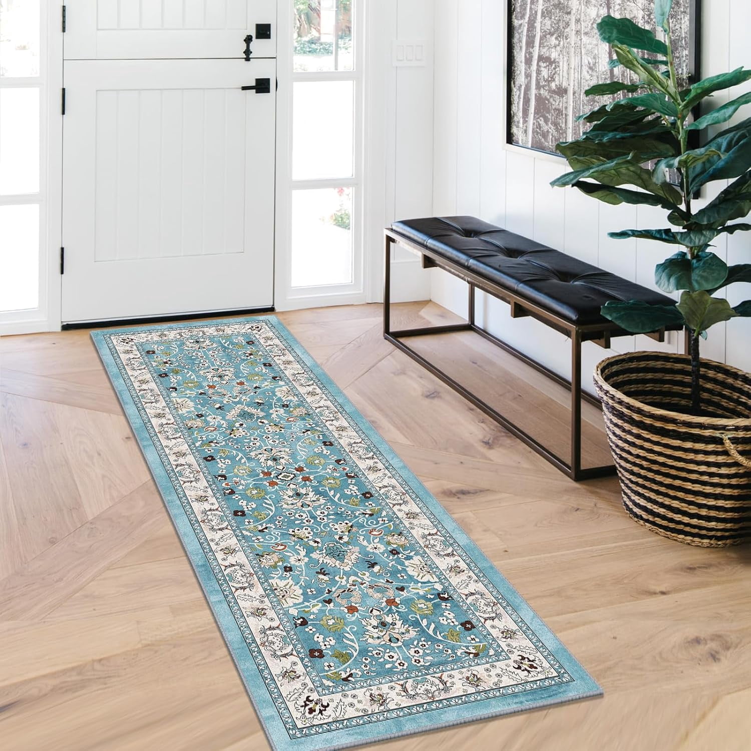 MJIAexp 2' x 6' Boho Floral Kitchen Runner Rug Machine Washable Runner Rug Non-Slip Hallway Runner Laundry Rug Throw Carpet for Living Room Bedroom Dining Room Entryway Kitchen Blue