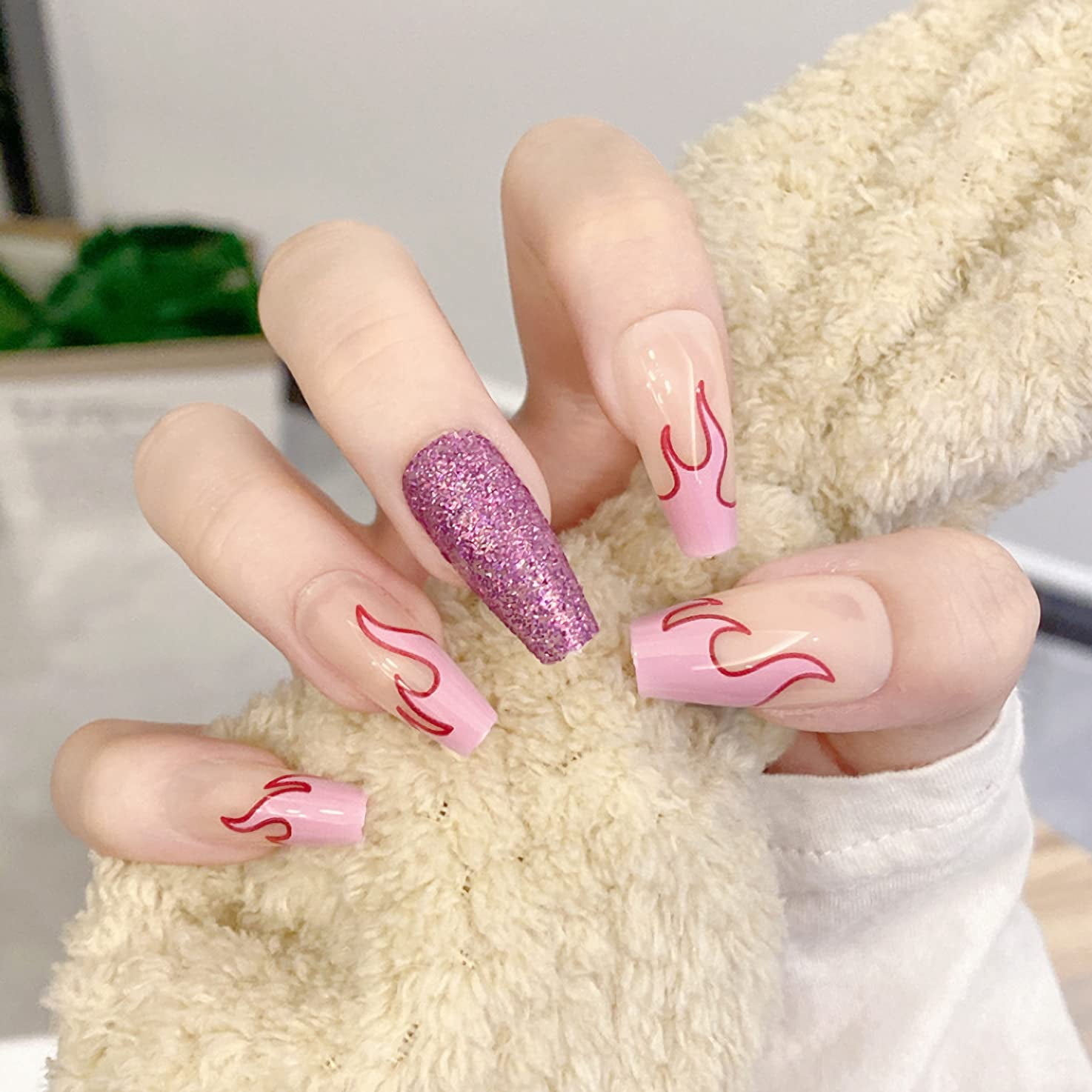 Coffin Press on Nails Long Fake Nails Purple Flame Glue on Nails