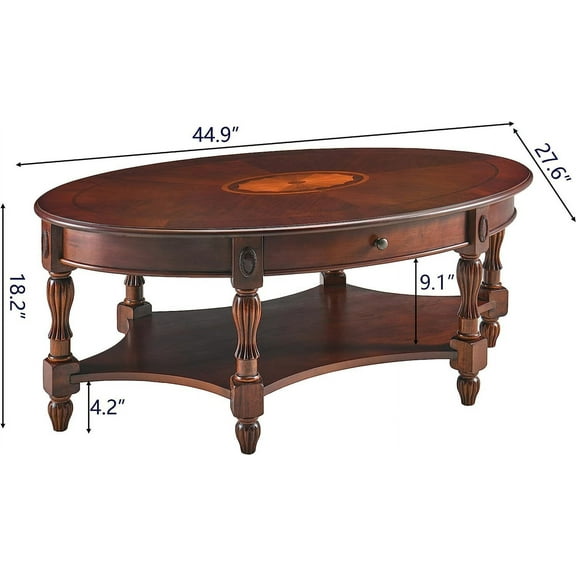 Solid Wood Oval Coffee Table with Drawer and Storage Shelf, Traditional Vintage Center Table for Living Room Bedroom