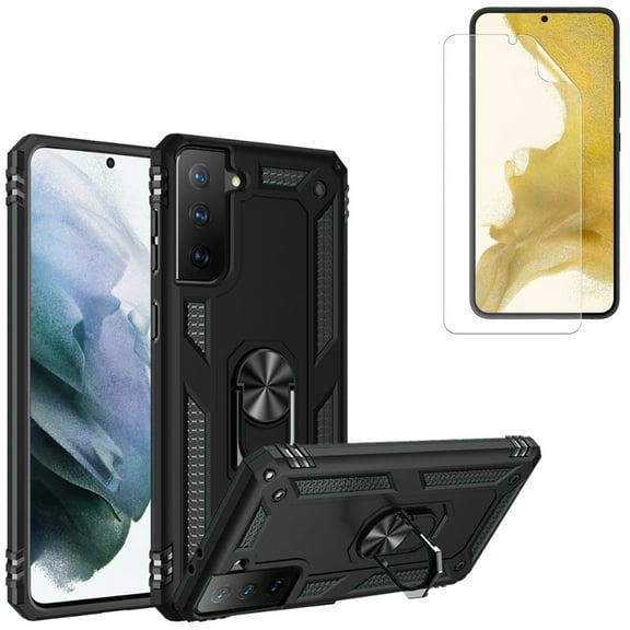 Hybrid Case Cover and Matte Screen Protector for Samsung Galaxy S22 Phone - Metal Ring Kickstand Shockproof Armor & TPU Film Anti-Glare Anti-Fingerprint Fingerprint Works Accessory Bundle