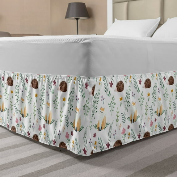 Forest Bed Skirt, Rural Wildlife Pattern with Hedgehog and Baby Fox in Watercolors Kids Nature Theme, Elastic Bedskirt Dust Ruffle Wrap Around for Bedding Decor, 4 Sizes, Multicolor, by Ambesonne